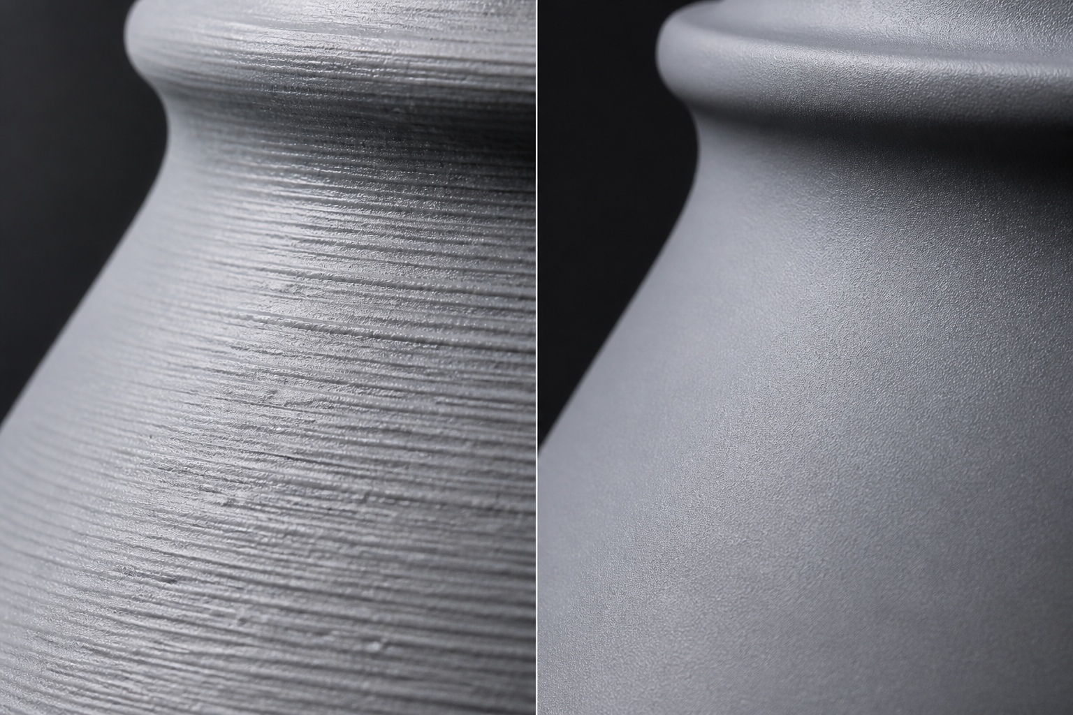 Macro comparison: layer lines before, smooth satin surface after