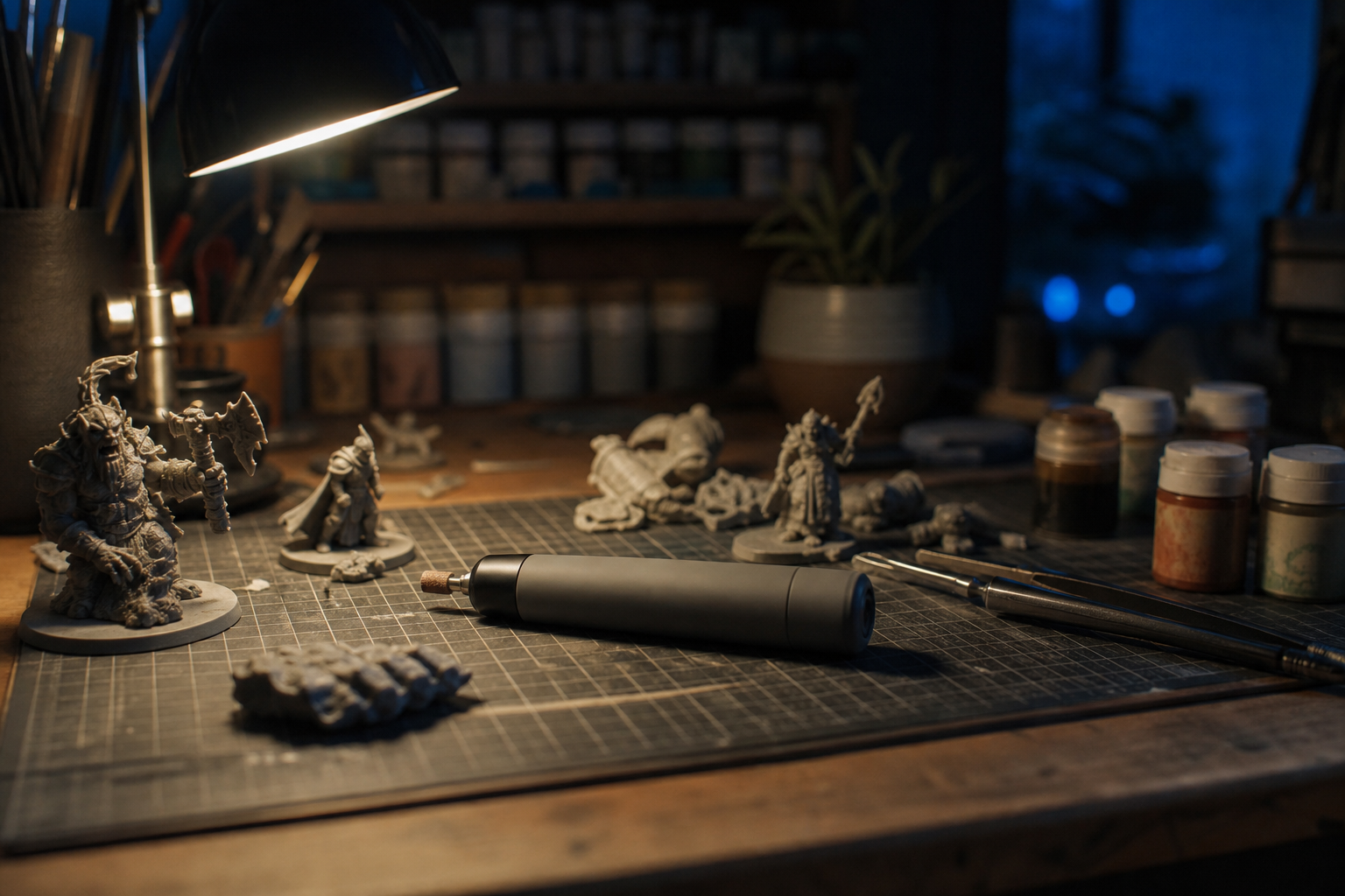 A model-making workbench at night with the sander and miniatures